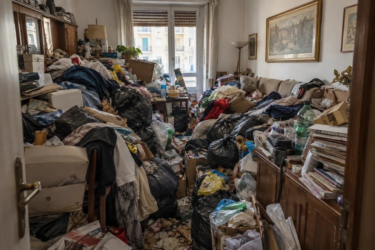 Locale saturo da accumulo compulsivo a Milano prima dell'intervento di bonifica e sgombero