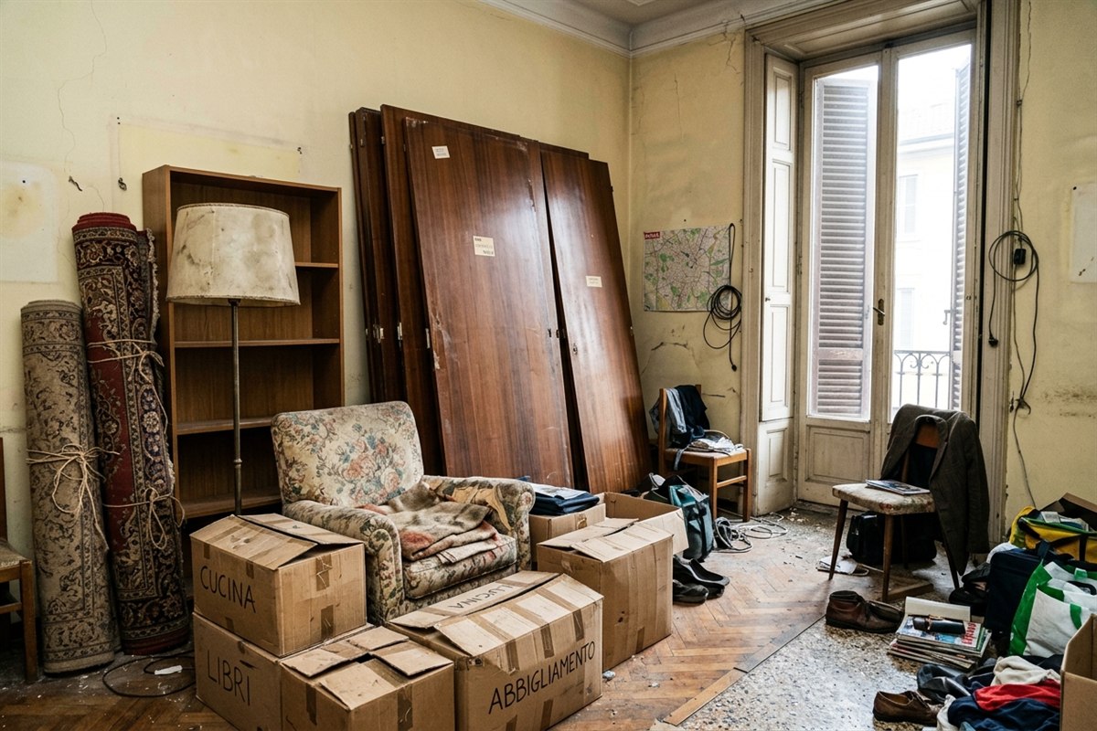 Casa ereditata a Milano prima dello sgombero con mobili da smontare e scatoloni