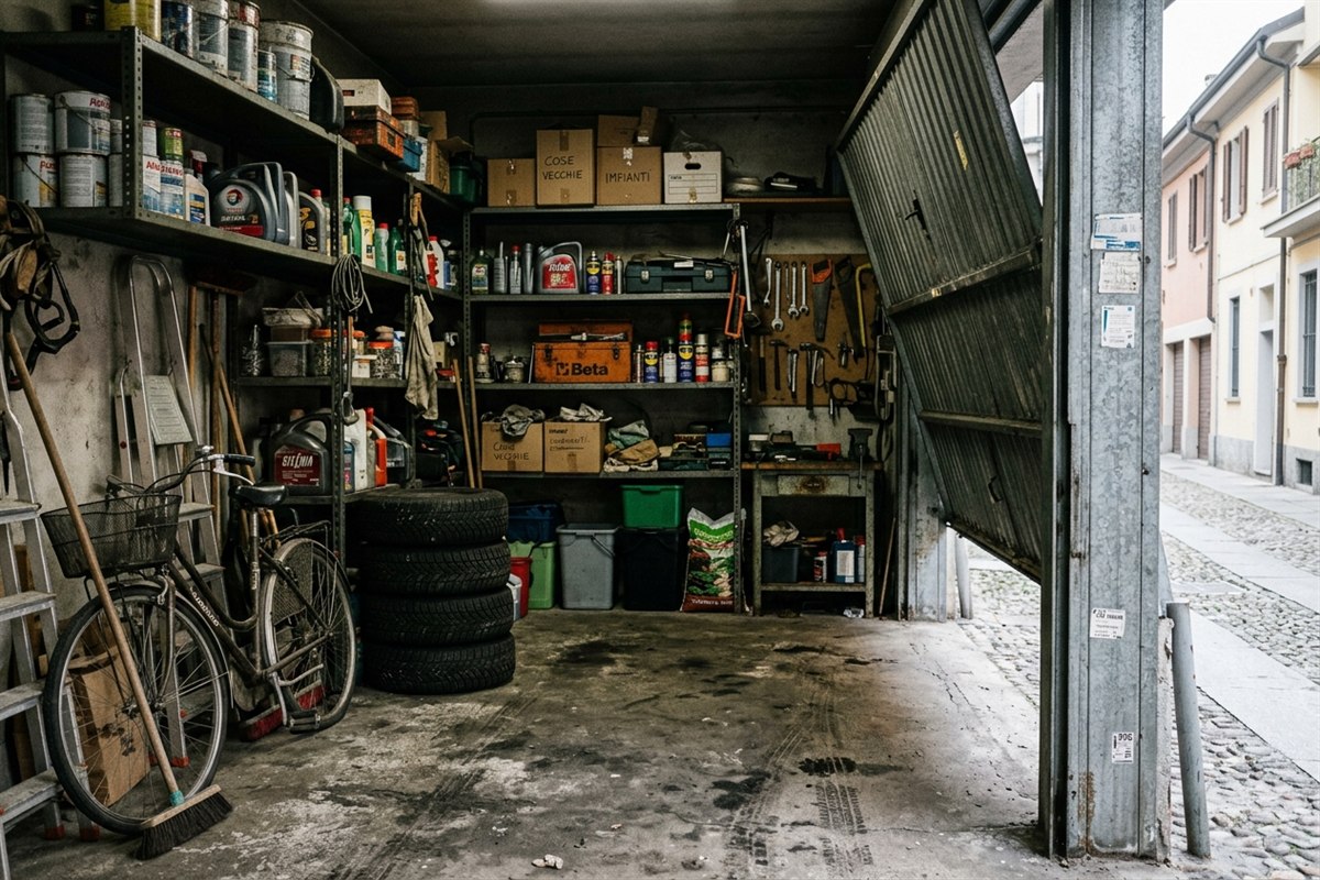 Box con bicicletta, scatole e scaffali ai lati del passaggio