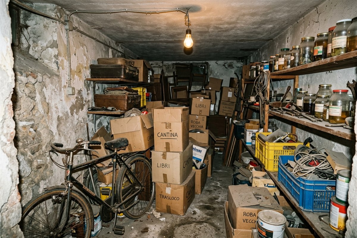 Cantina con scatole, scaffali e vecchi arredi