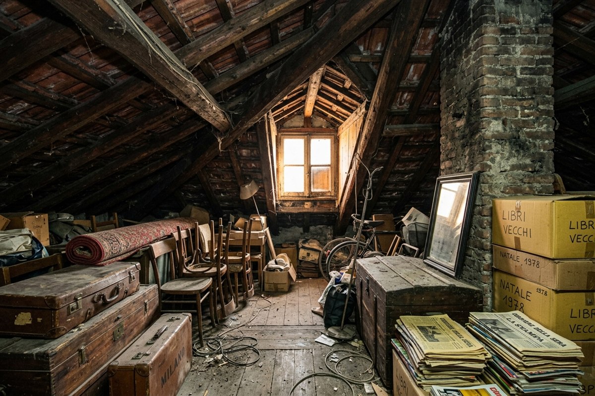 Solaio con travi in legno, bauli e scatole